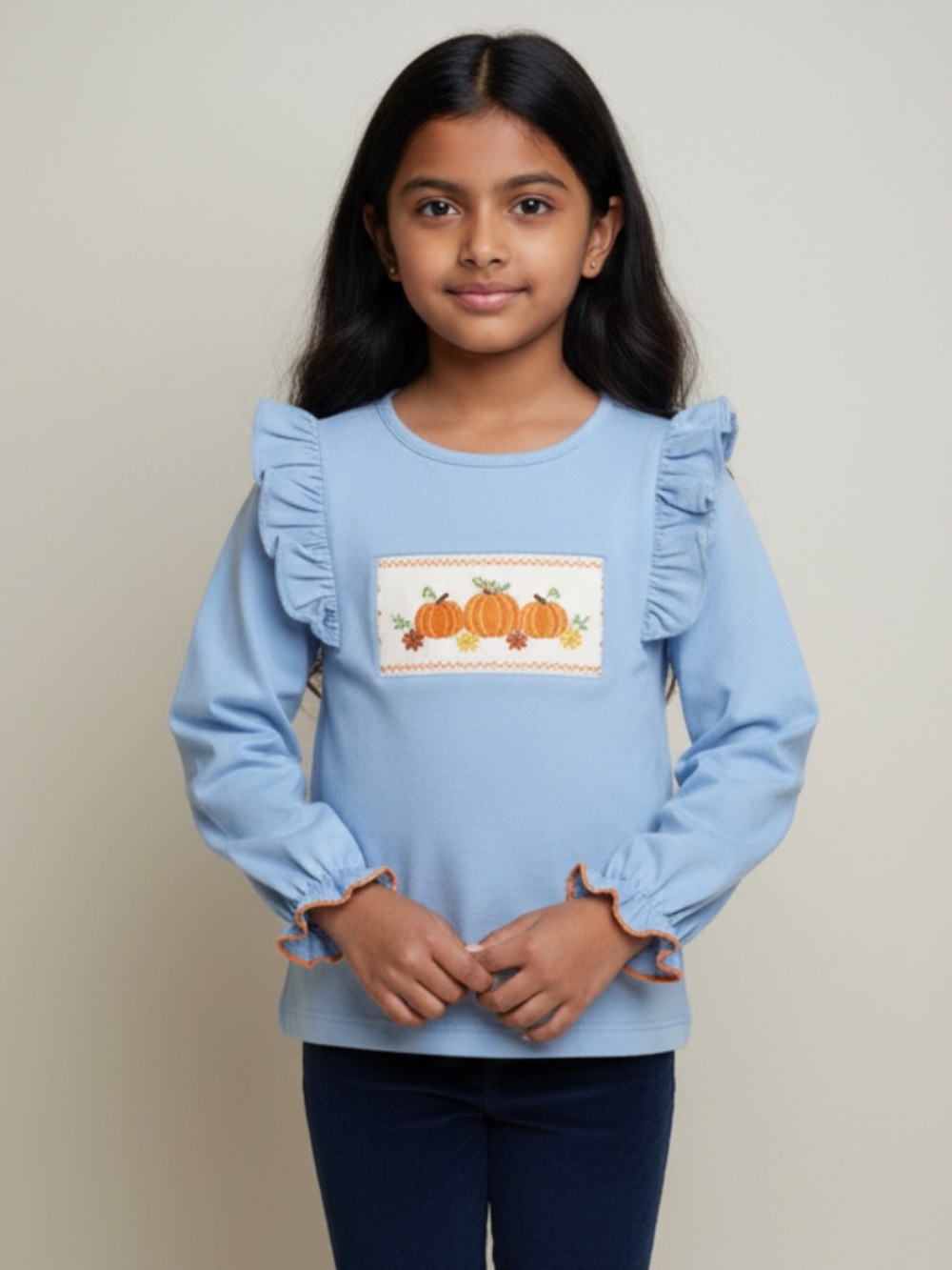 Anavini Pumpkin Smocked Ruffle Long-Sleeve Thanksgiving Halloween Fall Top